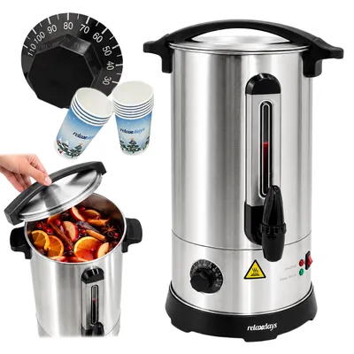 Produktbild von Relaxdays Glühweinkocher, 7 l, 30–110 °C, Zapfhahn, Thermostat, Füllstandsanzeige, Edelstahl, Glühweinautomat, silber