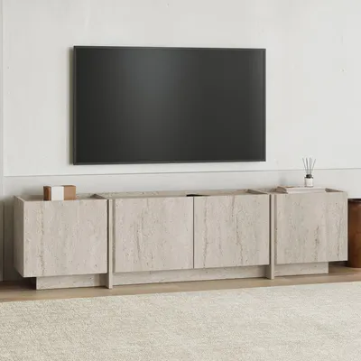 Produktbild von Skye Decor, Moderner TV-Ständer aus 100% melaminbeschichtetem Spanplatten, Travertin, 180 x 46 x 35 cm | 18 mm dick, mit Soft-Close-Scharnieren | Elegantes Design für Ihr Zuhause.
