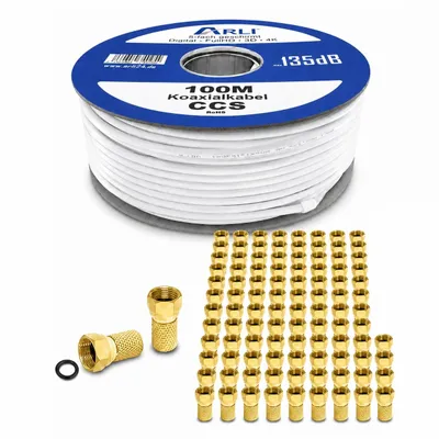Produktbild von 100m ARLI Koaxialkabel – max. 135 dB 5-fach geschirmt + 100x F-Stecker vergoldet mit breiter Mutter und Dichtring DVB-S2 DVB-C2 DVB-T2 4K HD TV