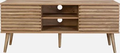 A wooden TV stand with a slatted front and open shelving in the center, shown against a white background.