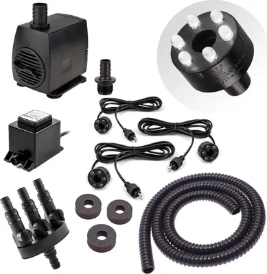 Produktbild von CLGarden Springbrunnen Pumpe Set SP3-S für Zierbrunnen mit 3 Wasserausläufen 3er Ausgang LED Beleuchtung Wasserspiel Springbrunnenpumpe 12V AC