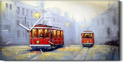 Produktbild von Küche Wohnzimmer Wand Leinwand Uhr Quarz 60x30 Malerei Straßenbahn Zug Stadt - weiße Hände