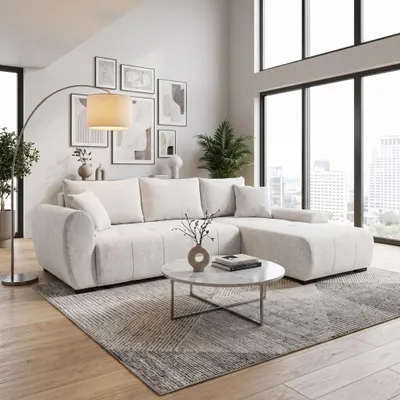 Produktbild von BEAUTYSOFA Ecksofa L-Form DALLAS 255 cm, Ecksofa mit Schlaffunktion und Bettkasten, Schlafsofa in Creme, Eckcouch Webstoff, Ottomane rechts, KI-generiertes Bild