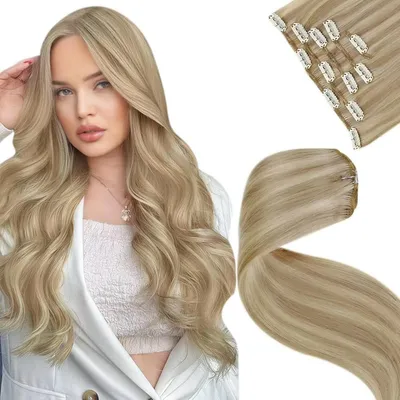 Zdjęcie produktu dla Pasemka do włosów z naturalnych włosów, średnio blond, z pasemkami, długość 40 cm, waga 80 g, 5 sztuk, kolor #16/22