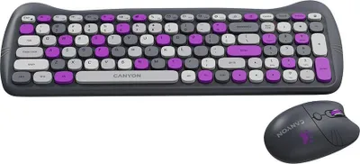 Zdjęcie produktu dla Zestaw bezprzewodowej klawiatury i myszy Canyon, HSET-W6 Kitty Edition, fioletowy