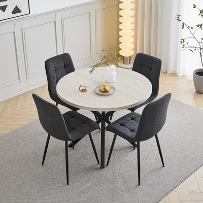 Produktbild von Esstisch- und Stuhlset 1 Tisch + 4 Stühle 100 cm Rund Gelbe Höhlensteinfarbe + Schwarz/Dunkelgrau