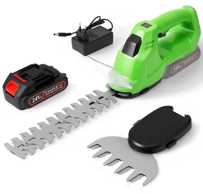 Immagine prodotto di Tagliasiepi e potatore 2 in 1 - Pratico decespuglitore a batteria - 2000 mAh, lunghezza di taglio 22,8 cm, caricabatterie incluso - Verde