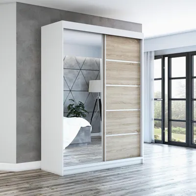 Produktbild von Schwebetürenschrank GAP 160 cm 2-türig Schrank mit Spiegel. Farbe: Weiß / sonoma