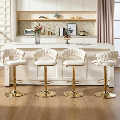 Produktbild von Barhocker 4er Set Samt Höhenverstellbar Mit Lehne,Cremeweiß | 360° Drehbar,Küchenhocker mit geflochtener Lehne,Goldene Metallbeinen,Modernes Design,Barstühle für Bar Theke Bistro Küche