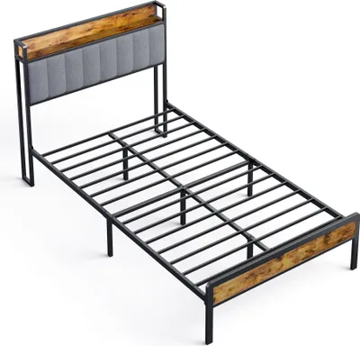 Zdjęcie produktu dla Bealife BF25 Twin Bed, standardowa rama łóżka platformowego, 220,5 x 120 x 111 cm, metalowa rama łóżka z chowanym zagłówkiem, stabilna - jasnoszara