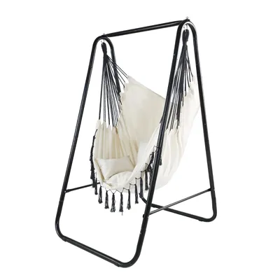 Produktbild von CCLIFE Hängesessel mit Gestell Kissen Hängeschaukel Hängestuhl Bis 100kg Indoor & Outdoor Garten Hängesitz, Beige-schaukel