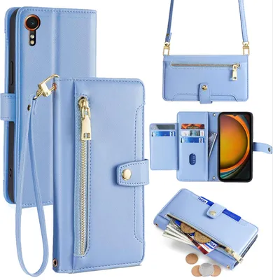 Produktbild von Handykette Samsung Hülle mit Band Handyhülle Kartenfächer Kunstleder Umhängetasche Galaxy Xcover 7 Hellblau