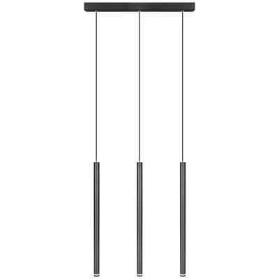 A black, three-light pendant lamp with cylindrical shades hanging from a rectangular base.