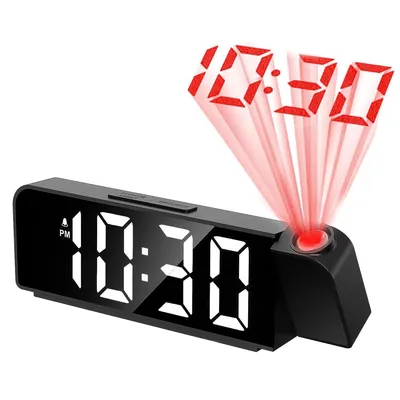 A black digital alarm clock with a projection feature, displaying the time 10:30 PM.