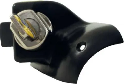 A black security lock with a silver and yellow key mechanism is shown against a white background.
