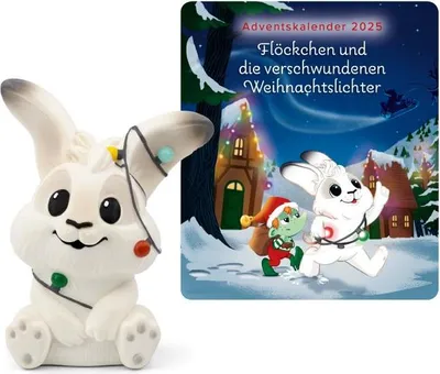 A product shot of a ceramic bunny figurine with Christmas lights, next to a marketing image for an advent calendar.