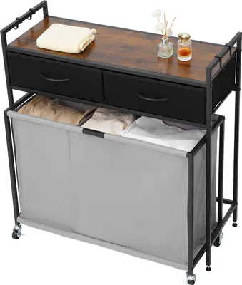 A laundry cart with a wooden top, two drawers, and three compartments for sorting laundry.