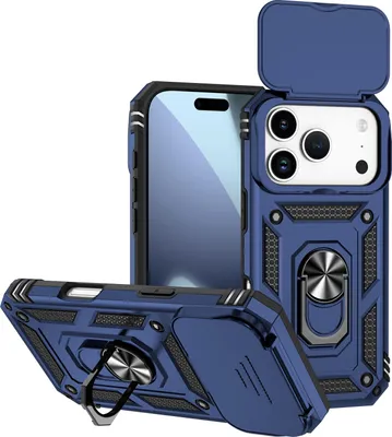 Produktbild von Hülle für iPhone 18 Pro mit Schiebe Kamera Schutz und Ringhalter Ständer Hybrid Schutzhülle Blau