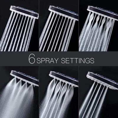A collage of six different spray patterns from a shower head against a black background.