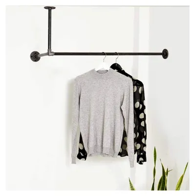 Produktbild von Kleiderstange zur Wand- und Deckenmontage schwarz - Garderobenstange in verschiedenen Größen, z.B. 60 x 60 cm - Handgefertigte Garderobe im Industrial Design - L-förmige Kleiderstange mit 90 Grad Winkel