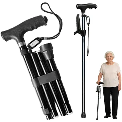 Imagen del producto de Bastón plegable ajustable con luz LED, ayuda para caminar telescópica para personas mayores - negro
