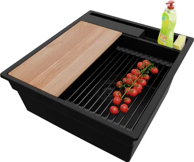 Produktbild von PRIMAGRAN Spülbecken Alles Schwarz 48x53cm, Granitspüle 1 Becken + Ablauf-Set + Küchenzubehörset, Küchenspüle ab 50er Unterschrank - Oslo Pocket