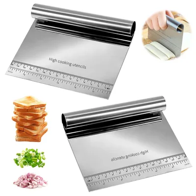 Produktbild von 2-teiliges Edelstahl-Set bestehend aus Teigschaber, Gemüseschaufel, Teigschneider, Teigwagen, Spatel und Küchenschaber.
