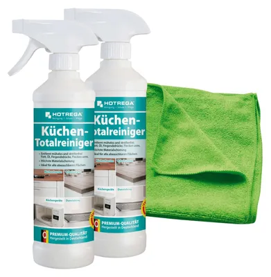 Produktbild von HOTREGA Küchen Totalreiniger 2x 500 ml inkl. Microfasertuch Micro Star, Küchenreiniger, Herdreiniger, Arbeitsplattenreiniger
