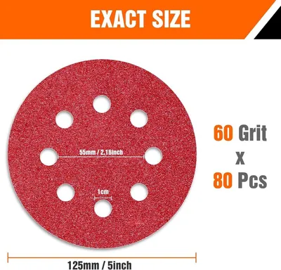 Runde Schleifpapier 125mm 60 Körnung Klettverschluss für Exzenterschleifer - 80 Stück
