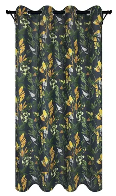 A close-up view of a curtain with a floral pattern.