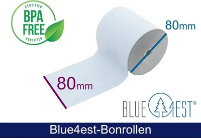 Obrázek produktu pro Termální role - 80 80 12 (W/D(max.)/K) Blue4est® (modrý) ekologický papír, 80 m, 52 g, 35 let kvalita, vhodný pro potraviny, 40 rolí/balení