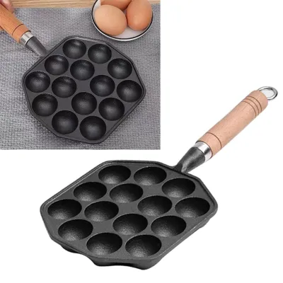 Takoyaki-Pfanne, 14 Mulden, Gusseisen, antihaftbeschichtet, abnehmbarer Griff