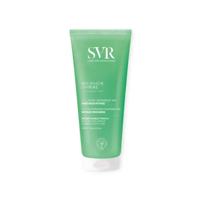 A green tube of SVR Spirial Duschgel Déo-Douche Intense Freshness on a white background.