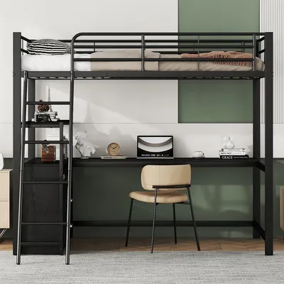 Produktbild von Bettgestell mit Schubladen und L-förmiger Schreibtisch Eisenrahmenbett Flachbett Gästebett Laminatdesign 90*200cm Schwarz