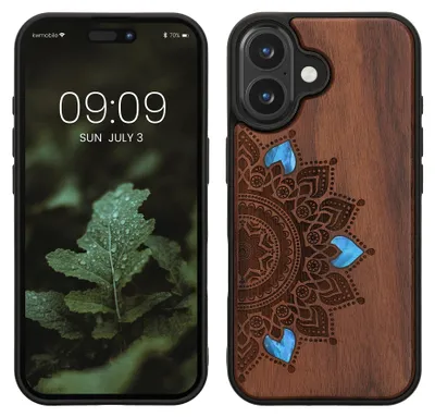 Produktbild von kwmobile Handyhülle für Apple iPhone 16 Hülle Holz - Case mit TPU Bumper - Stoßfestes Hardcase - Schutzhülle Cover in Dunkelbraun