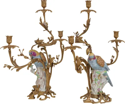 Produktbild von Set 2-teilig Kerzenständer Papagei Kerzenhalter Porzellan Bronze Antik-Stil 62cm