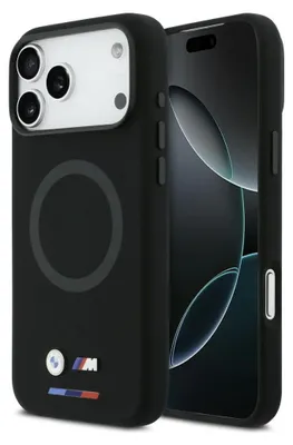 A black iPhone case with BMW branding is shown next to an iPhone.