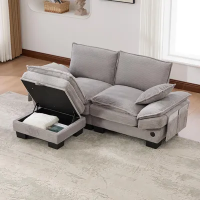 Immagine prodotto di STILVORA Divano in velluto con poggiapiedi e ampia seduta, divano a 2 posti dal design ergonomico e imbottitura in schiuma ad alta densità, divano da salotto con porta USB-C e pratiche tasche laterali, grigio chiaro