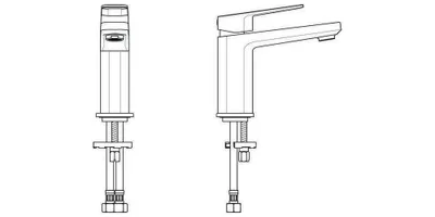 Two line drawings of a faucet, one showing the front and the other showing the side.