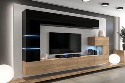 Produktbild von Furnitech Wohnwand Wohnzimmer - Wohnzimmer Möbel mit LED RGB - 16 Farben - Hängend Wohnwand Modern - Wohnzimmer Schrankwand mit Regale und TV