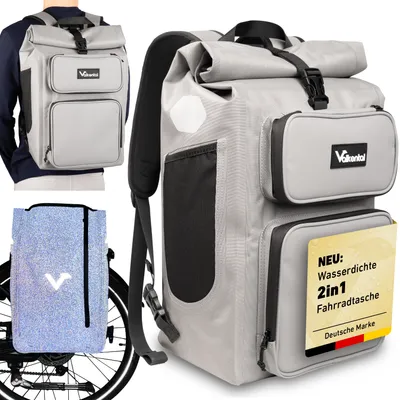 A collage of images showing a grey backpack, a person wearing the backpack, and the backpack attached to a bicycle.