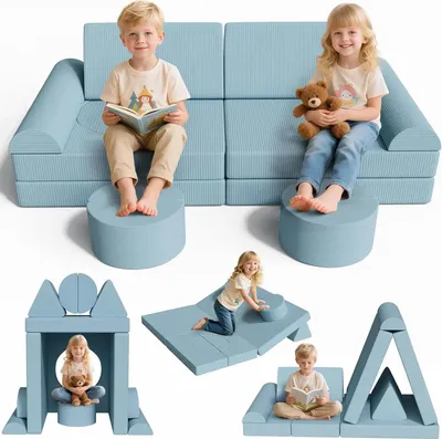 Produktbild von Spielsofa aus Cord - Modulare Kindercouch 14-teilig - Ausklappbar - - 140x70x44 cm - Hellblau