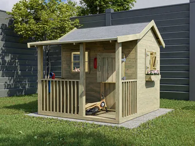 Produktbild von Spielhaus Saloon kesseldruckimprägniert 1.69x1.78m mit Einzeltür, Veranda, Fußboden, 3 Fenstern, 2 Blumenkästen, witterungsbeständig