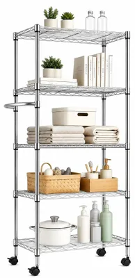 Immagine prodotto di Carrello portacarichi con 5 ripiani - Acciaio inossidabile - Rotazione a 360° - Ruote e maniglia - 78 x 35 x 151 cm - Argento