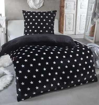 Obrázek produktu pro Malika, sada povlečení z mikrovlákna s efektem kašmíru, 2 díly, rozměry: 155 × 220 cm + 80 × 80 cm, černá barva, motiv hvězdiček
