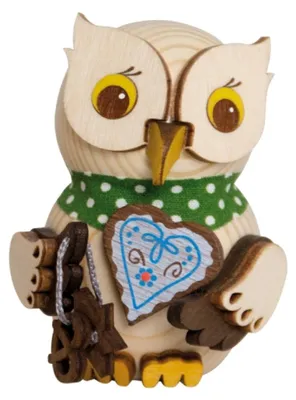 Produktbild von Drechslerei Kuhnert - Mini-Eulen aus Holz - mit Lebkuchenherz - ca. 7 cm groß - als Dekoration oder Geschenk geeignet