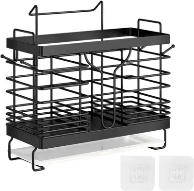Produktbild von Besteckhalter aus Metall, schwarz, für Arbeitsplatte oder Wandmontage, mit Abfluss, 1 Stück