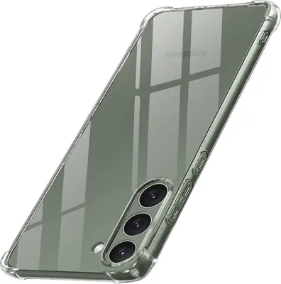 A clear phone case is shown from a diagonal angle.