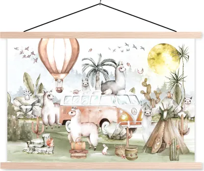 Produktbild von MuchoWow® Textilposter Alpaka - Tiere - Kinder - Heißluftballon - Kinder 120x80 cm mit holzfarbenen Rahmen - Aufhängeset