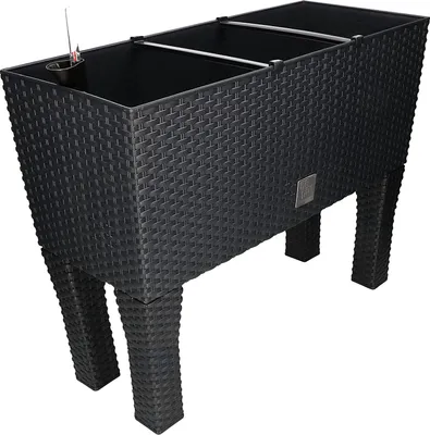 Produktbild von KOTARBAU® Blumenkasten 60x25x25cm mit Füssen und Bewässerungseinlage Anthrazit Rattan Imitation